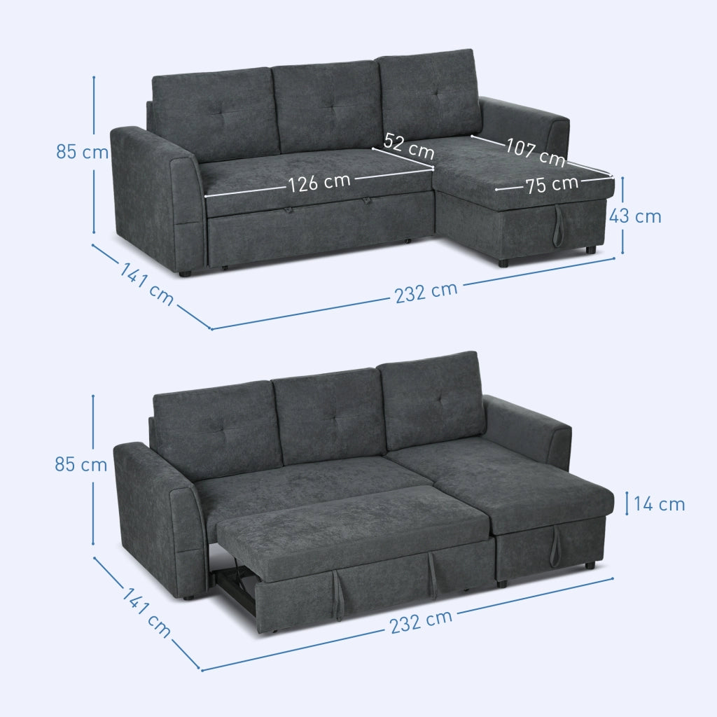 Divano letto 3 posti con chaise longue ¨C Xylo ¨C tessuto grigio scuro