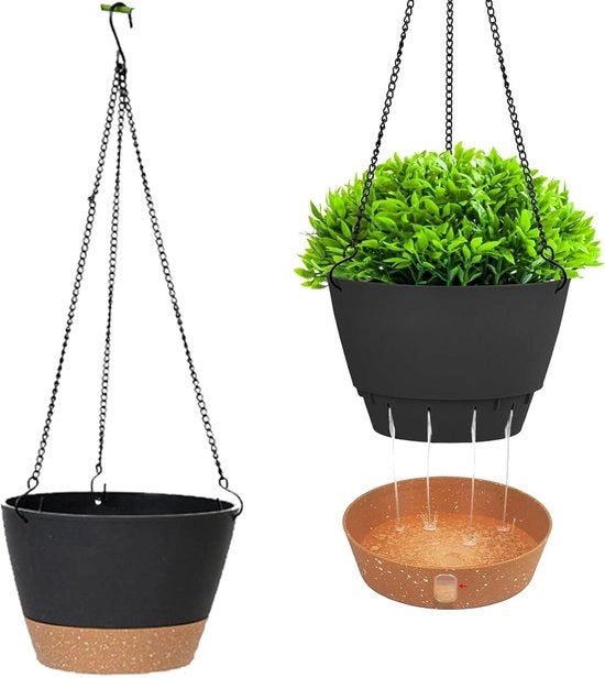 Impianto a sospensione per piante con vista acqua, fondo rimovibile, set di 2 vasi da giardino autoirriganti, piatto in plastica per piante da esterno