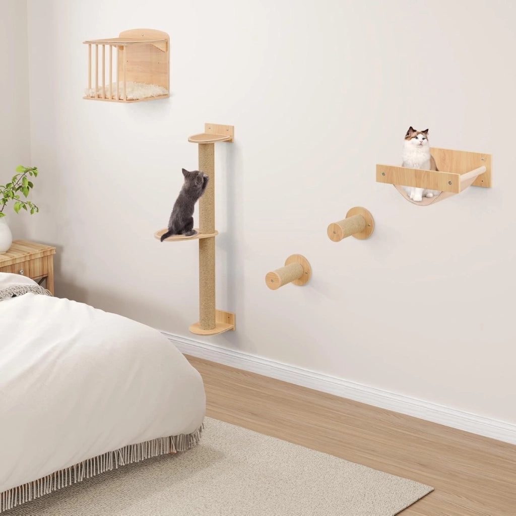 Mensole per gatti da arrampicata per gatti a muro 4 in 1-Mensole per gatti on albero per gatti a 3 piani Naturale