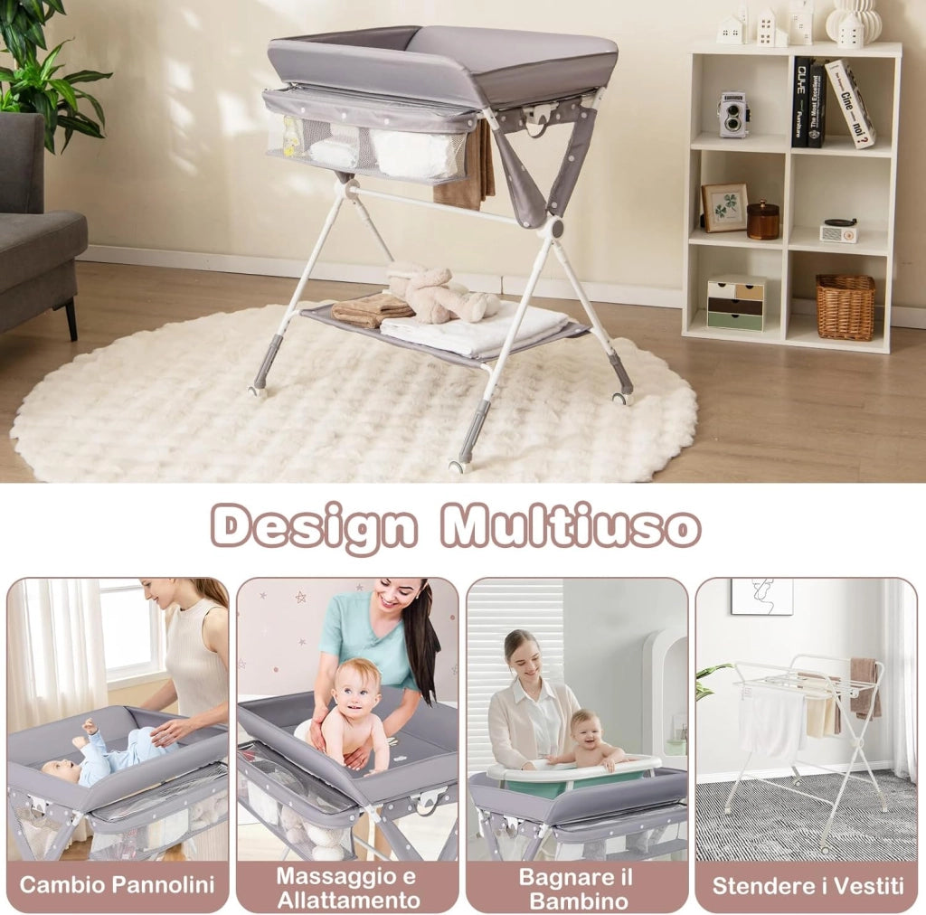 Fasciatoio Pieghevole per Bambini, Fasciatoio Portatile con Altezza Regolabile a 3 Livelli, Fasciatoio Neonato con Ruote di Bloccabili, Ripiano, Porta Asciugamani, per 0-12 Mesi (Grigio)
