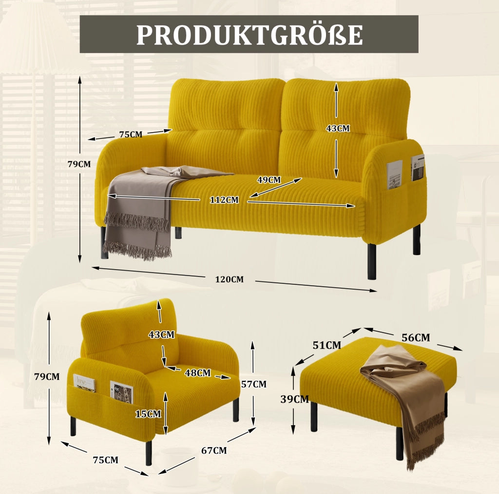 Set divano 3 pezzi in corduroy giallo con poltrona; pouf e divano 2 posti; 120 cm