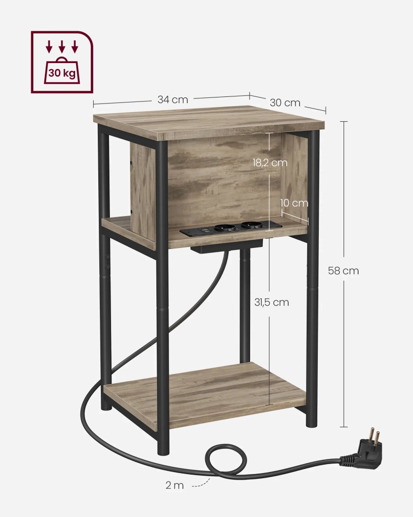 Tavolino/comodino piccolo con ciabatta sottile 2 prese CA 2 porte USB 30 x 34 x 58 cm per soggiorno/camera da letto marrone 12_0007537
