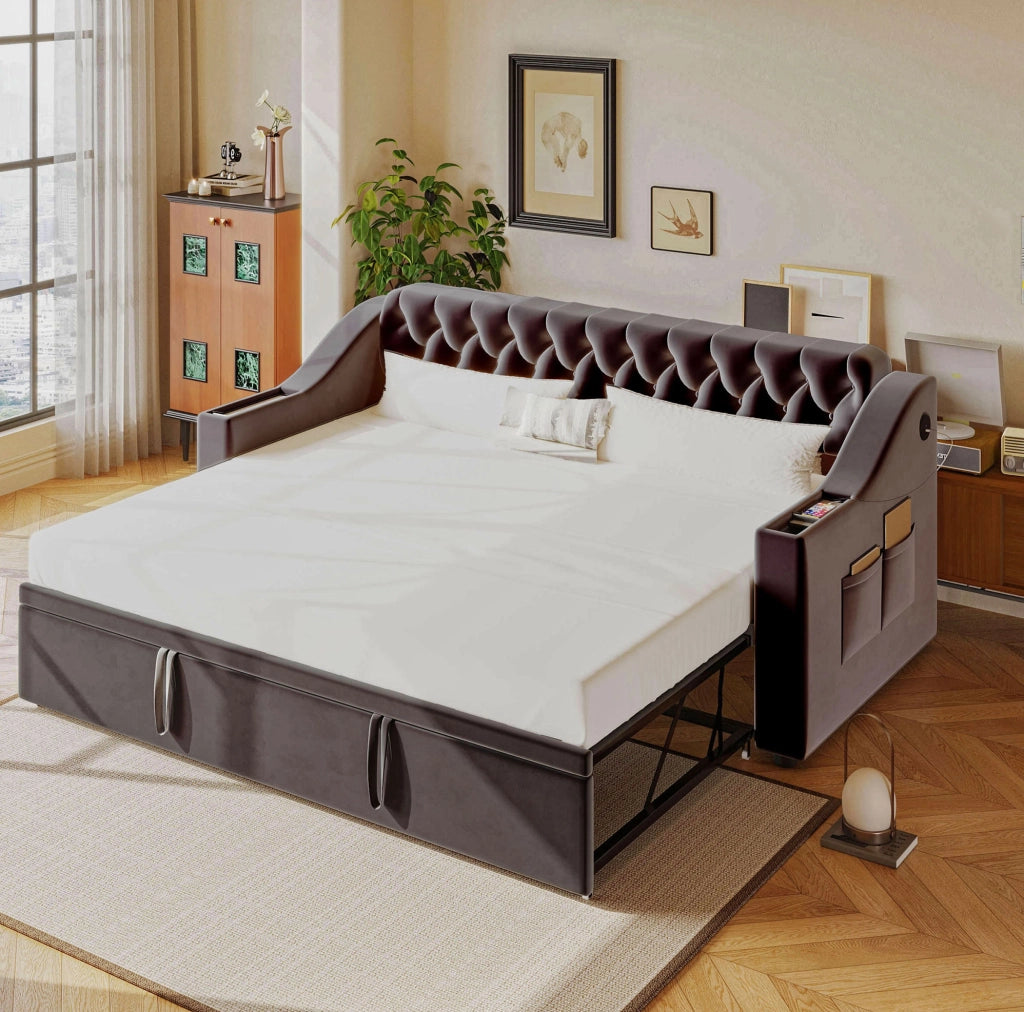 Divano letto imbottito estraibile 90x190/180x190 cm in velluto grigio con USB e Type-C