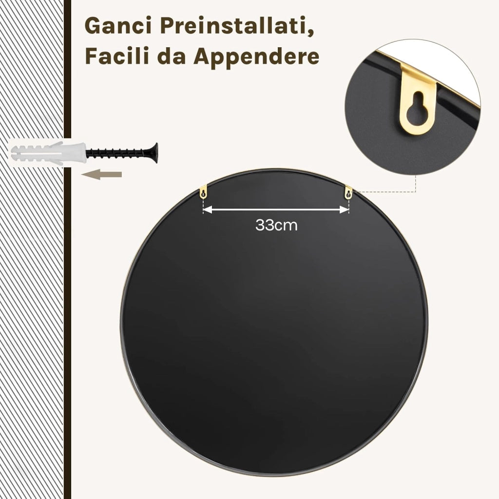 Specchio da Parete, Specchio Trucco,Cornice in Metallo Antiruggine, Decorativo per Bagno con Immagine Nitida, Ideale per Trucco e Arredamento Moderno, Specchio Bagno, Rotondo Nero 71cm