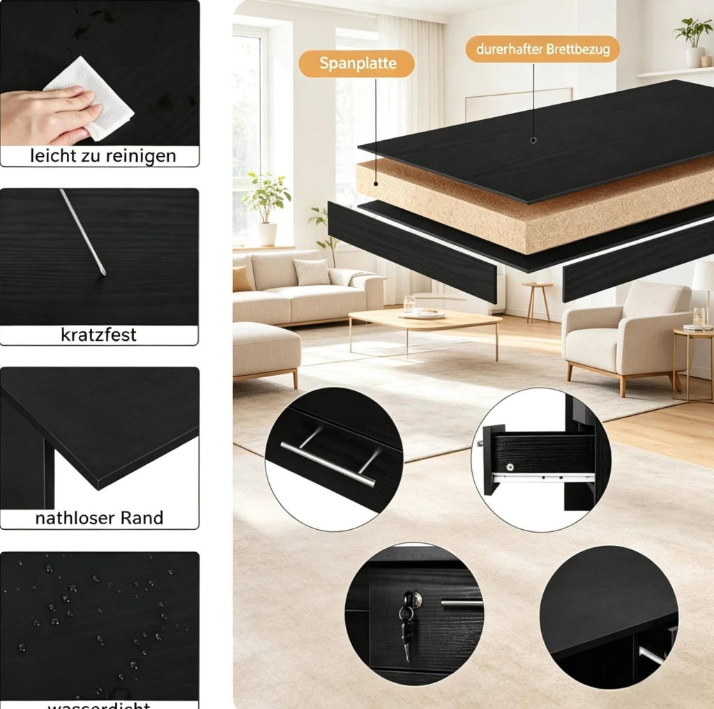 Scrivania da ufficio in legno nero 120x75x60 cm con 3 cassetti e piano resistente
