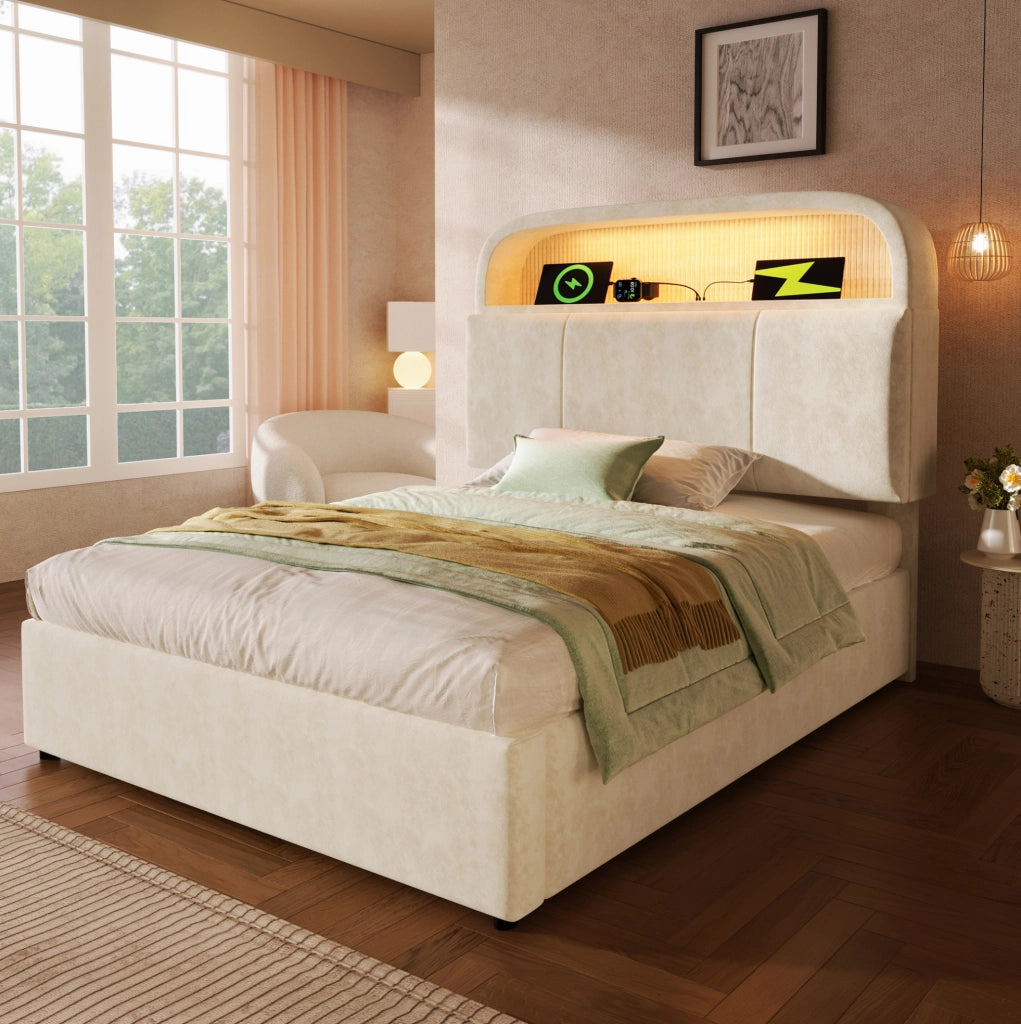 Letto imbottito 90x200 cm con testiera contenitore; LED; USB/Type-C; velluto beige