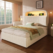 Letto imbottito 90x200 cm con testiera contenitore; LED; USB/Type-C; velluto beige