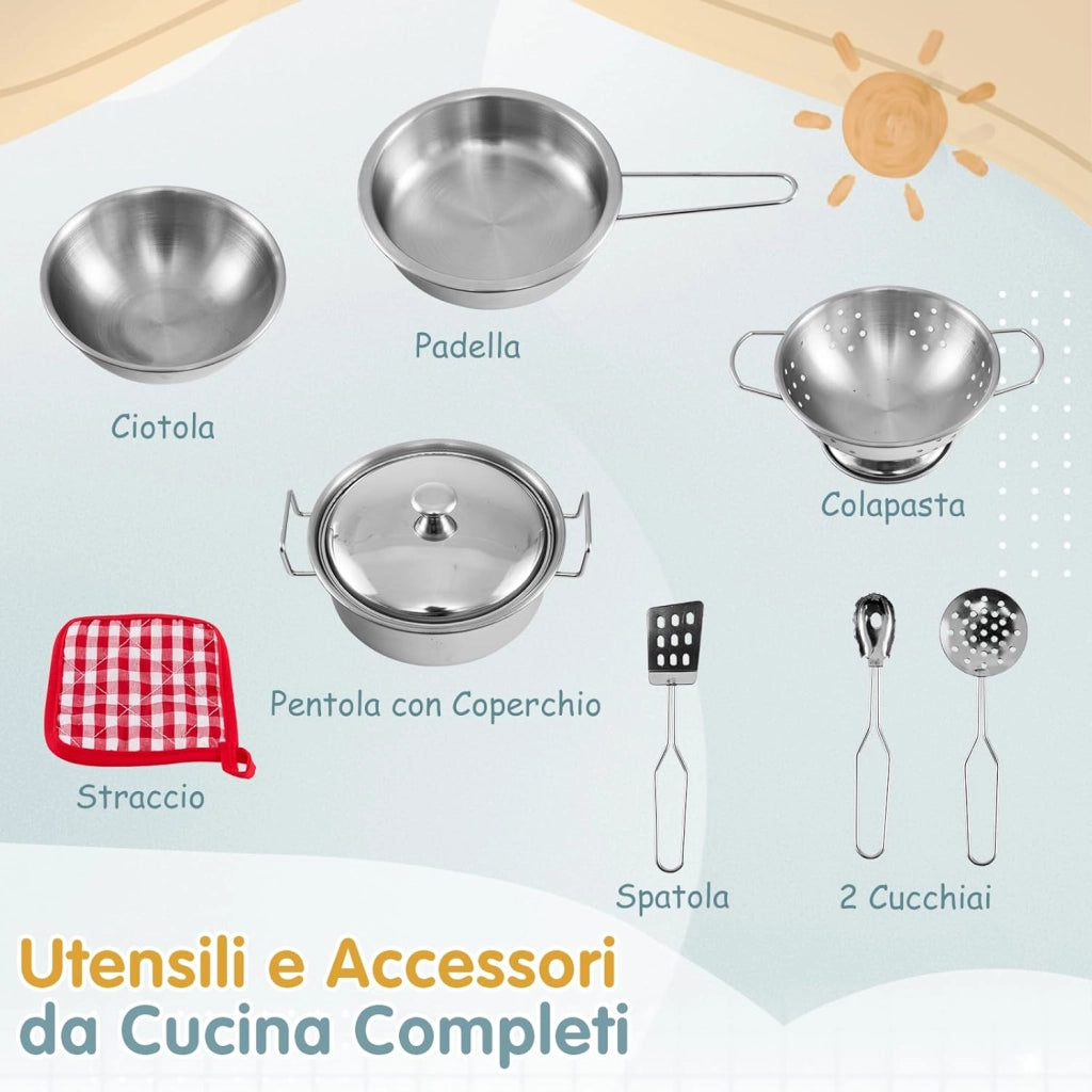 Cucina Giocattolo per Giardino con Vaso da Piantinaggio Trasparente, Rubinetto e Lavandino Rimovibile, Cucina in Legno di Abete per Bambini, Set Cucina con 8 Accessori (Blu e Arancio)