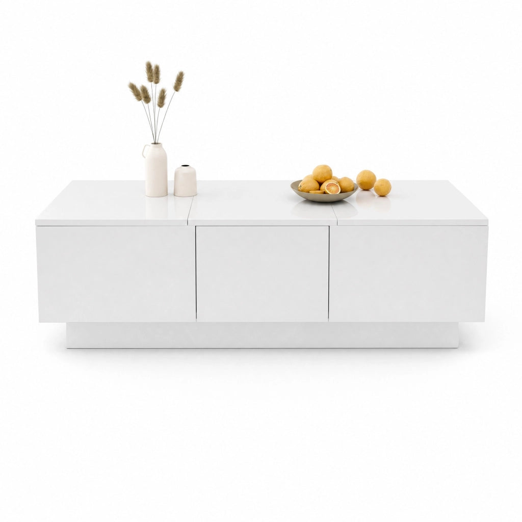 TAVOLINO da caffè 100x50x31 cm bianco lucido con cassetti e vani contenitore
