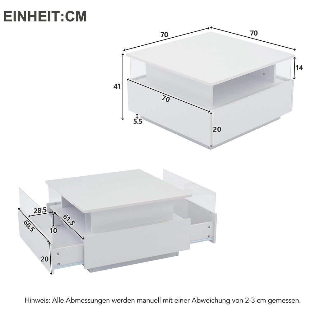 Tavolino da Caff¨¨ LED con 2 Cassetti e Piano Trasparente ¨C MINIMAL ¨C Bianco Lucido 70x70x41