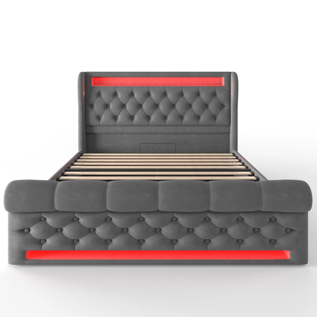 Letto contenitore ULEVR 140x200 cm con LED, USB e Type-C, rivestimento in velluto grigio