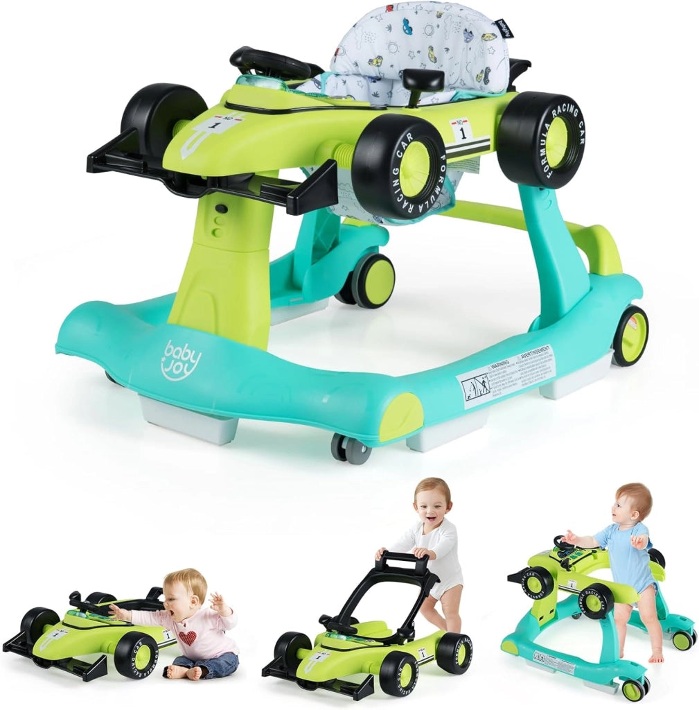 Girello per Bambini 6-18 Mesi, Baby Walker 4 in 1 con Musica e Luci, Primi Passi Piegevole e Portatile, Altezza e Velocità Regolabili, Carrello da Spinta, Forma di Macchinina (Grigio)