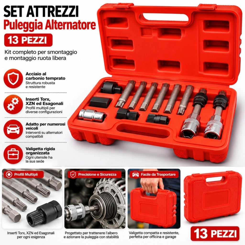 Set 13 Attrezzi Puleggia Alternatore Bussole Torx XZN Valigetta 07063