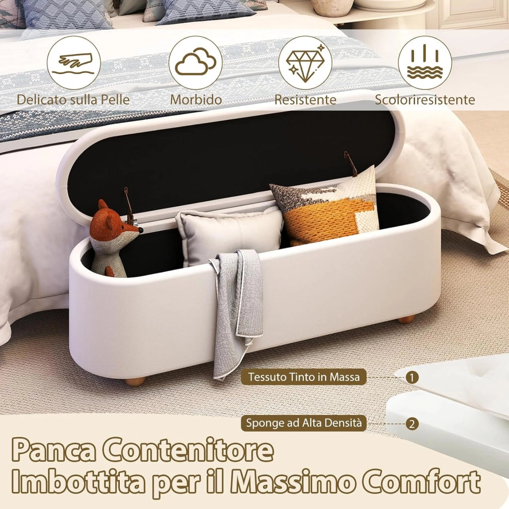 Panca Contenitore, Poggiapiedi Imbottito 139 cm con Coperchio Ribaltabile, Gambe in Legno, Panca Ottomana per Camera da Letto, Soggiorno, Portata 300 kg, Beige