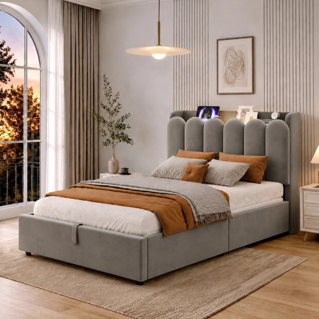Letto per bambini imbottito 90x200 cm in velluto grigio con contenitore; USB Type-C e luce