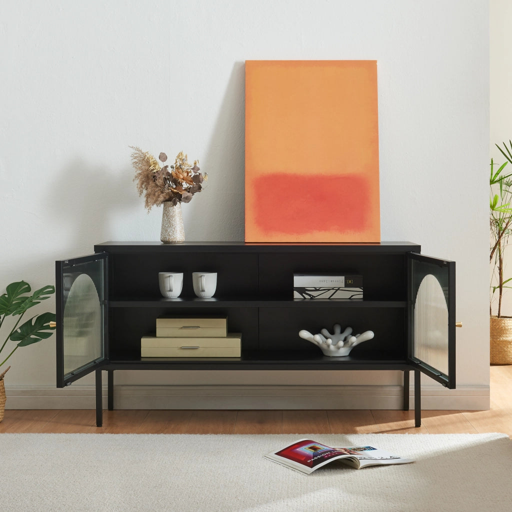 Mobile TV Karlskrona con Ante a Vetrata 115x35x64 cm Acciaio Nero Opaco [en.casa]