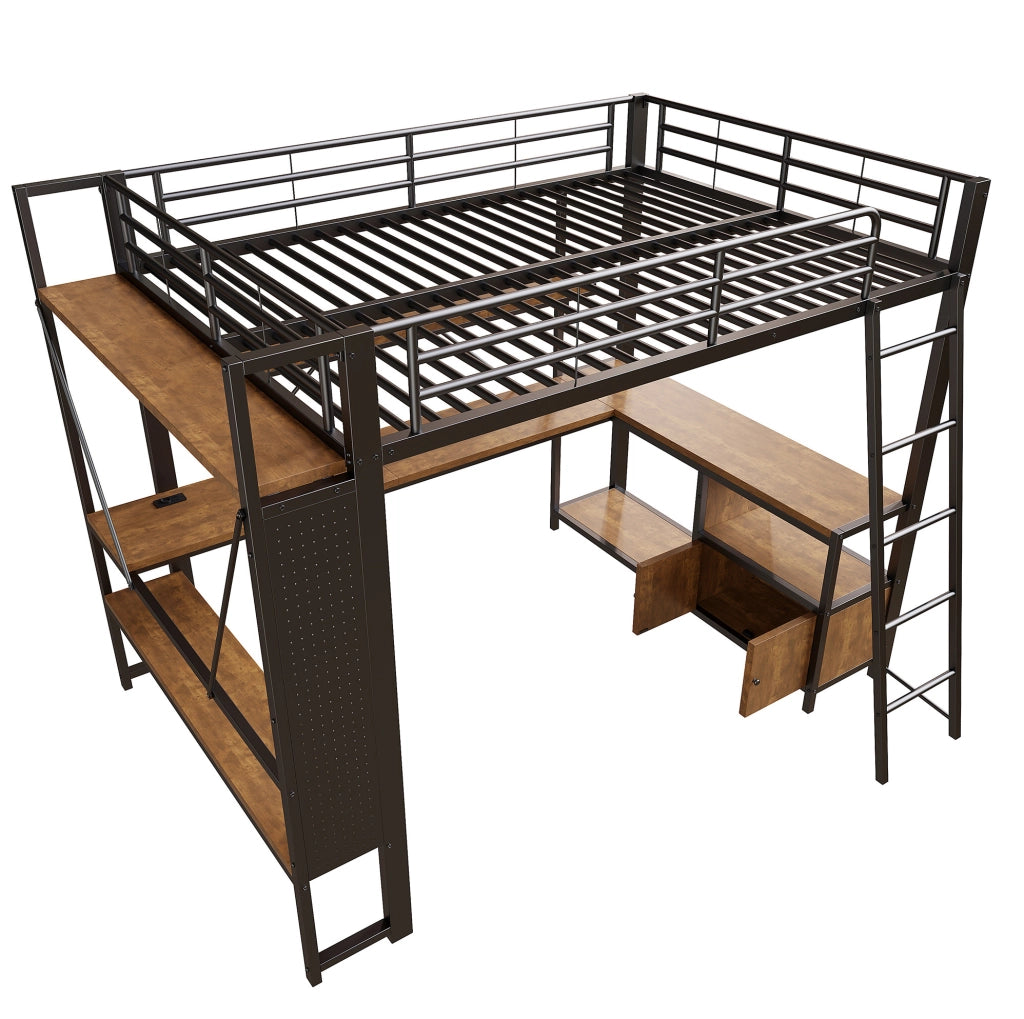 Letto a soppalco 140x200 cm con scrivania, LED e ripiani nero HAVRYA