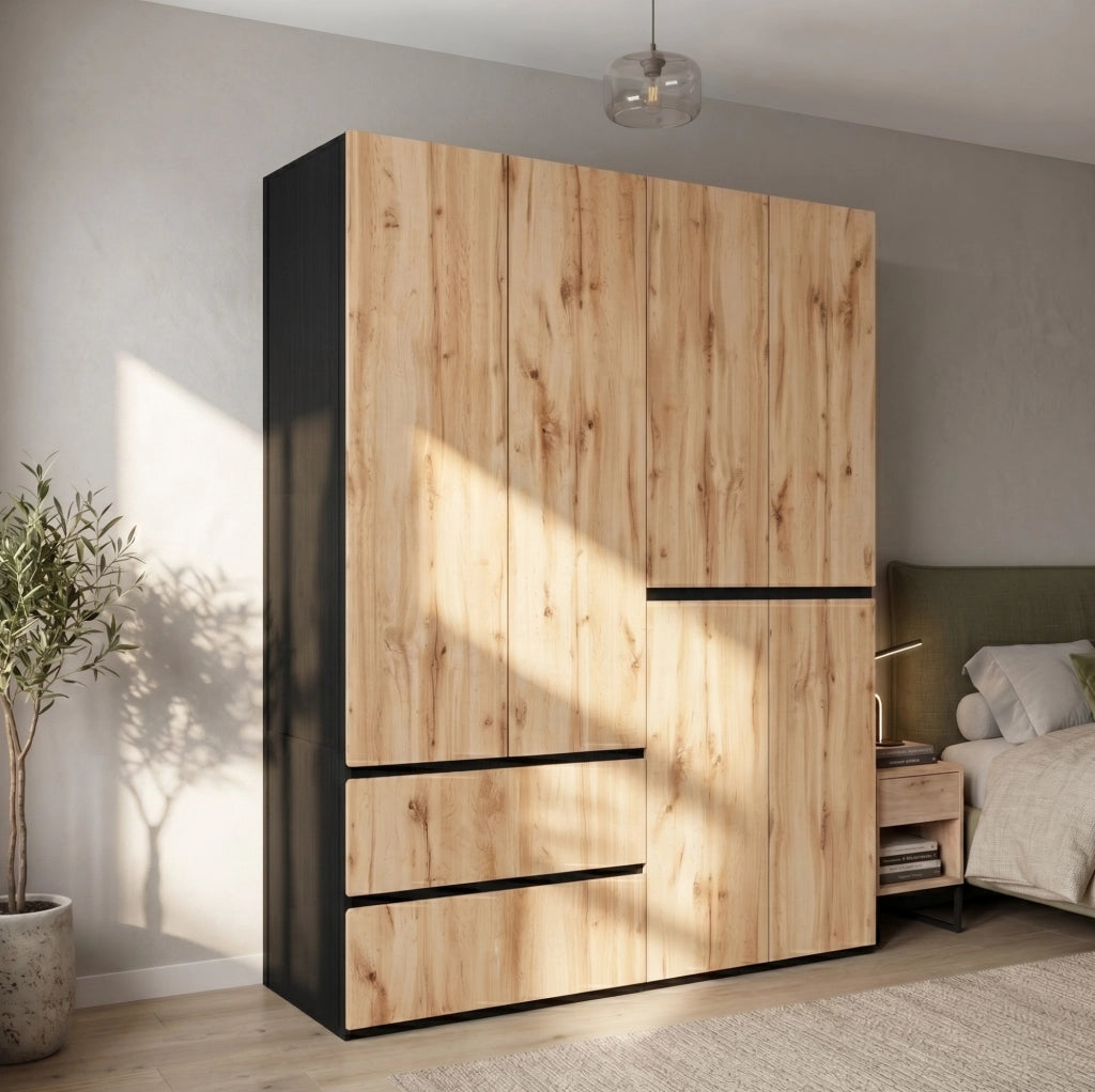 Armadio 6 ante 180x50x200 cm con 5 cassetti e 2 appendiabiti finitura rovere HOMVRA