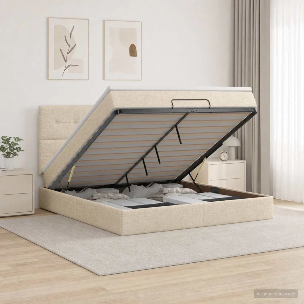 Letto Ottomano con Materasso e LED Crema 140 x 200 cm Tessuto 3458081