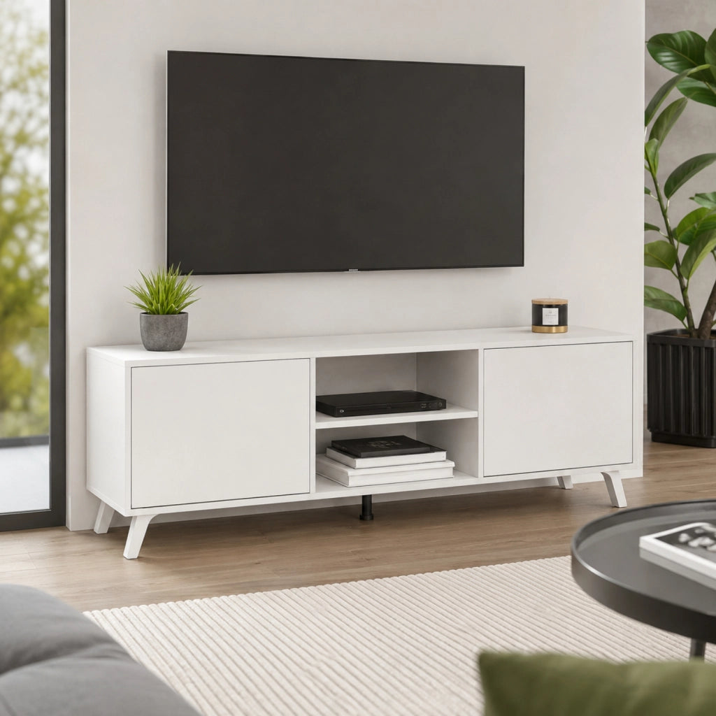 Mobile Porta Televisore Moderno Con 2 Ante Battenti Ripiani Aperti Centrali Design Minimal Per TV Fino A 75 Pollici Zona Living 180 X 39,6 X 49 Cm Bianco