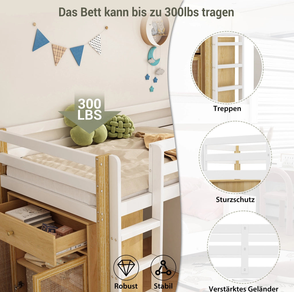 Letto a soppalco per bambini 90x200 cm in legno massello e MDF; naturale e bianco; con 2 contenitori e scala