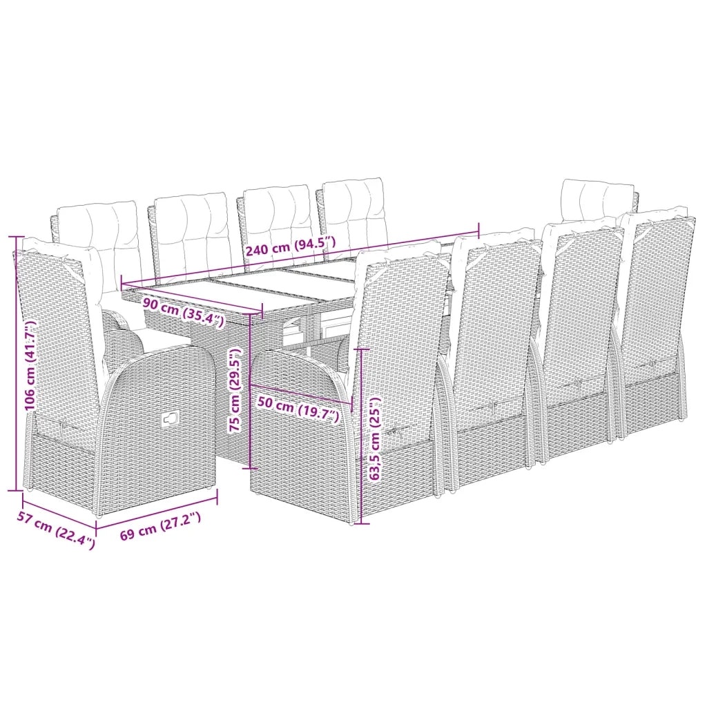 Set da Pranzo da Giardino 11 pz con Cuscini in Polyrattan Nero 3277642