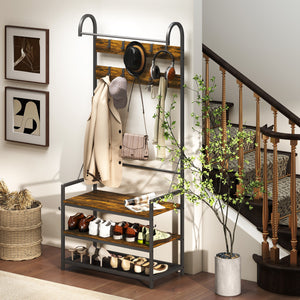 Mobile Ingresso Appendiabiti con Panca e Scarpiera 80x40x182 cm in Legno e Metallo Marrone e Nero