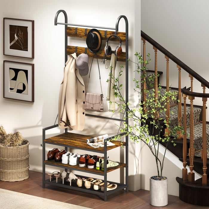 Mobile Ingresso Appendiabiti con Panca e Scarpiera 80x40x182 cm in Legno e Metallo Marrone e Nero