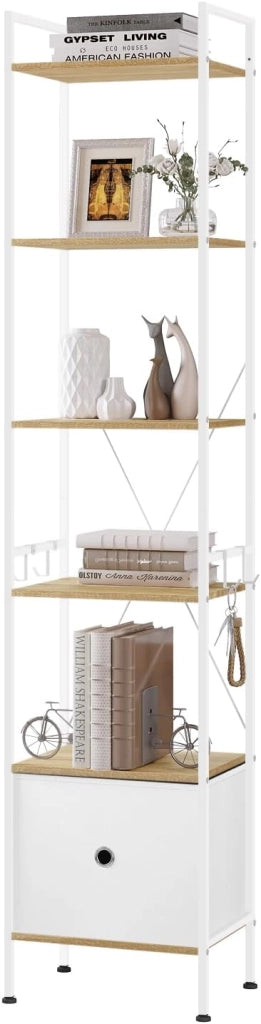 Libreria a 5 Piani con 2 Cassetti, Scaffale di Stoccaggio a Pavimento, Industriale, Struttura in Acciaio, Soggiorno/Ufficio/Studio/Cucina/Camera da Letto, Marrone Rustico+Nero, RGB62vbn