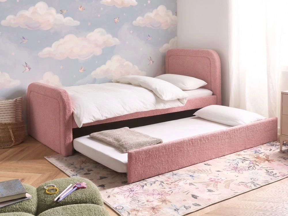 Letto singolo con secondo letto a scomparsa in tessuto Boucle 90 x 200 cm con rete a doghe rivestimento trapuntato rosa camera da letto cameretta