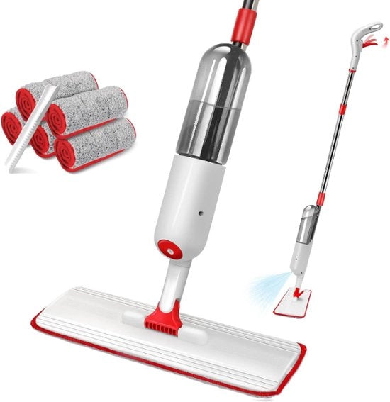 Asciugamano per pavimenti con funzione di spruzzo - 500 ml - Mop - Vloerwisser - Spraymop - Rosso - Tanella di raccolta acqua rimovibile - 125 cm Lungo