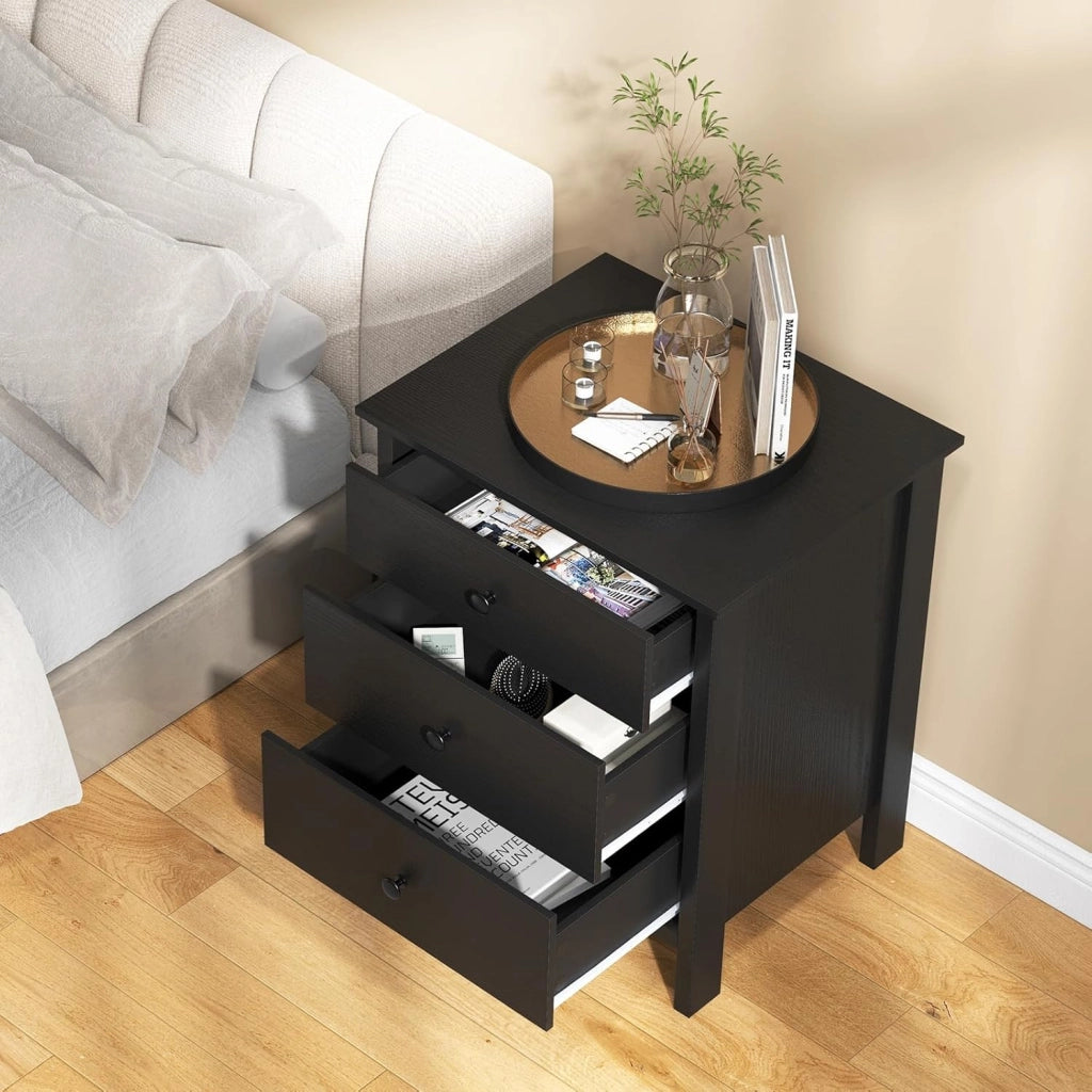 Comodino nero, credenza piccola con 3 cassetti, cassettiera indipendente, cassettiera moderna in legno, 56 x 45 x 66 cm