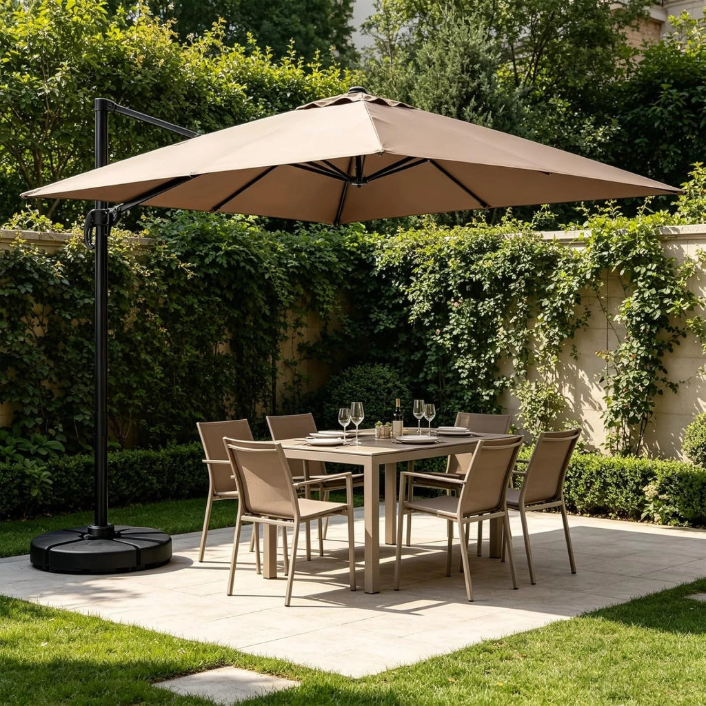 Ombrellone da giardino, 300 cm, pieghevole e regolabile in altezza, da balcone, rettangolare, da spiaggia con base a croce, ombrellone stabile e di alta qualità, marrone, 300 x 300 cm