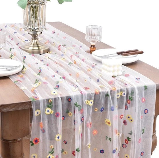 Tavolo da pranzo 72 x 300 cm – Tulle bianca con fiori ricamati – Elegante tavolo da pranzo con fiori per matrimonio, festa e decorazione di tavola