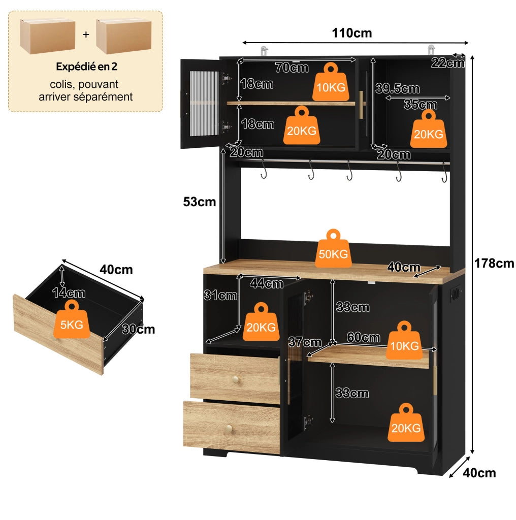 Credenza cucina alta 110x40x178 cm con LED RGB; prese USB; vetri temperati; nero