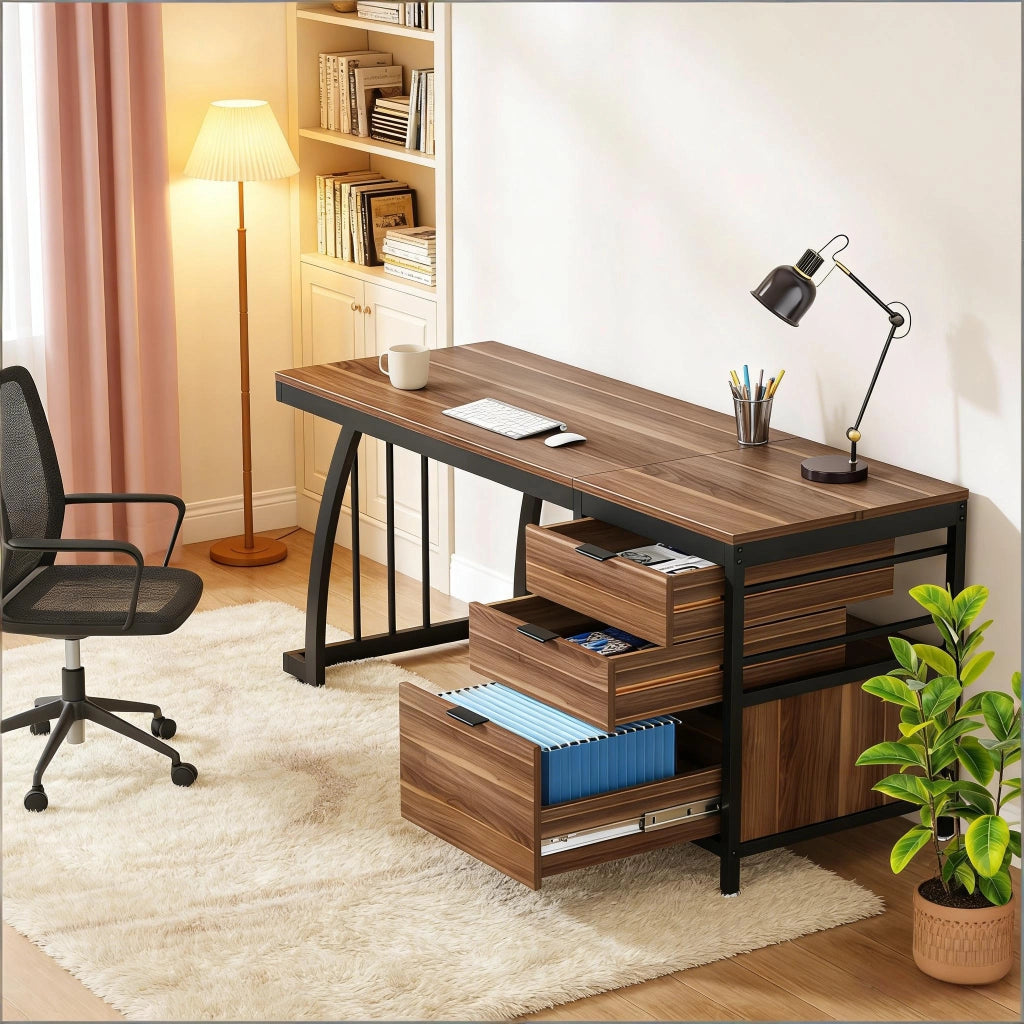 Scrivania lineare con 3 cassetti e piano ampio gambe regolabili per ufficio e studio in metallo e legno noce da lavoro