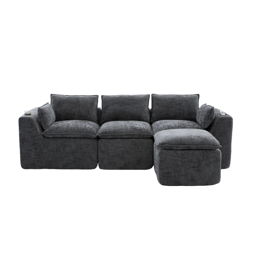 Divano modulare 3 posti in tessuto chenille grigio con pouf, cuscini, portabicchieri e tasche laterali