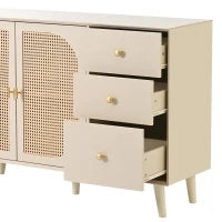 Credenza Moderna per Soggiorno con 2 Ante in Rattan e 3 Cassetti, Multiuso e Spaziosa, Bianco