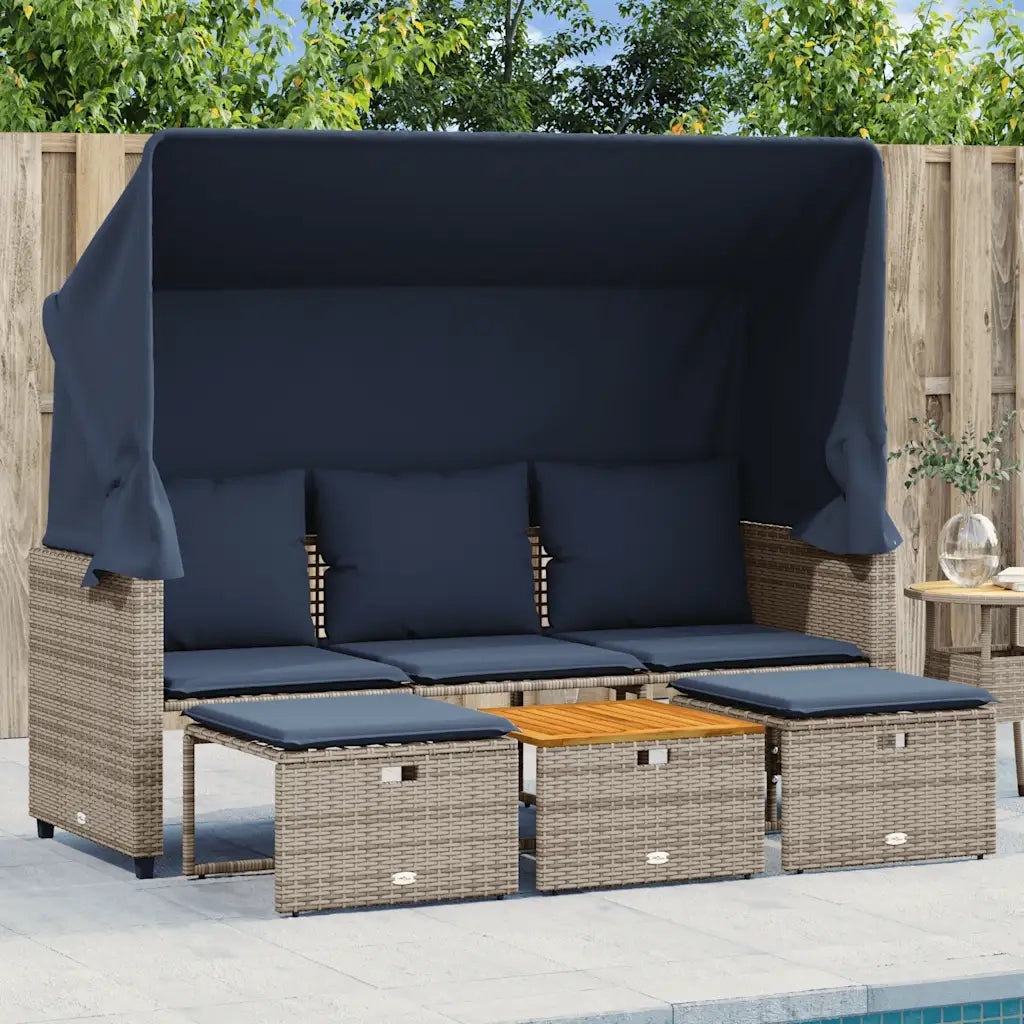 Divano da giardino a 3 posti con baldacchino e sgabelli in Polyrattan Grigio 365456