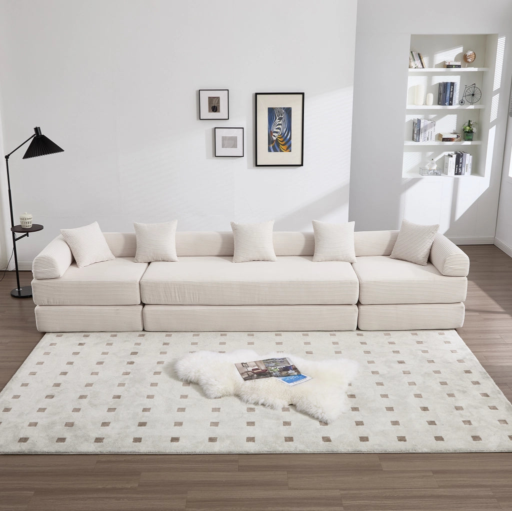 Divano modulare in velluto a coste beige 270x180x64 cm con tasca laterale e funzione letto