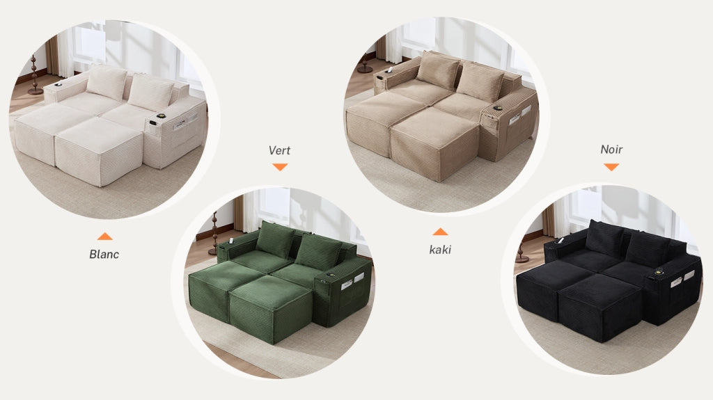 Divano modulare 2 posti 188x162x75 cm con 2 pouf; portabevande e tasche; velluto a coste beige