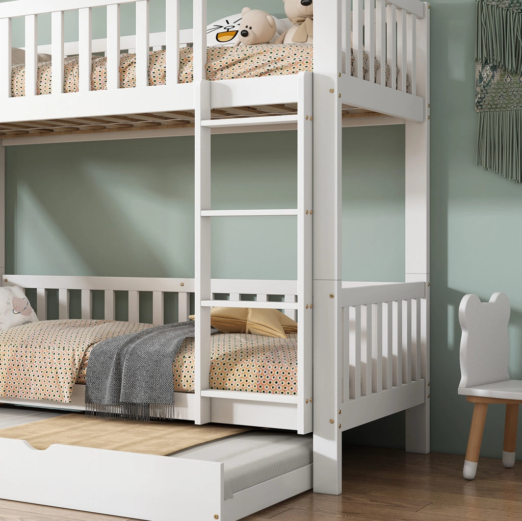 Letto a castello bianco 90x200 cm con letto estraibile, scivolo e scale