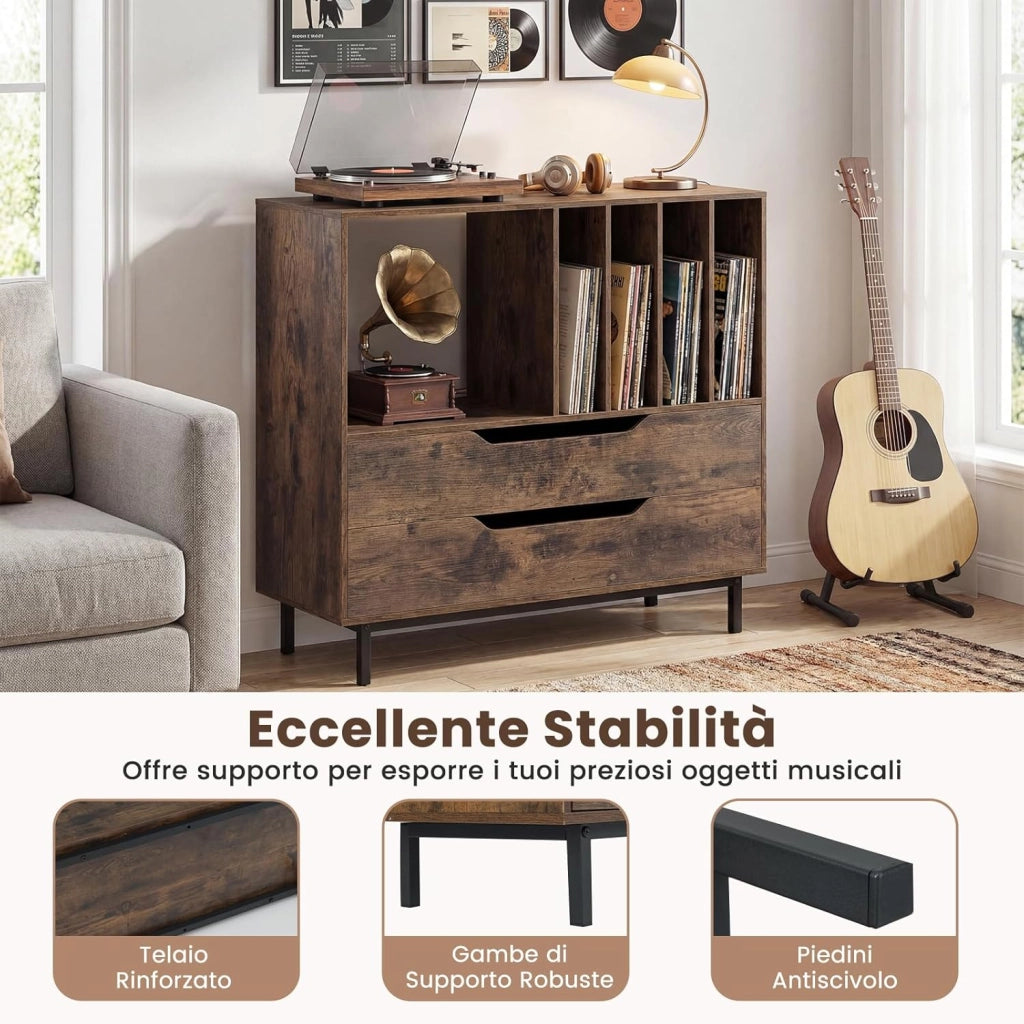 Supporto per Giradischi, Porta Dischi Vinile con 4 Ripiani per Vinili e 2 Cassetti, Armadio per Dischi Fino a 250 Album, per Soggiorno, Studio e Camera da Letto, 91 x 35 x 87 cm (Marrone)