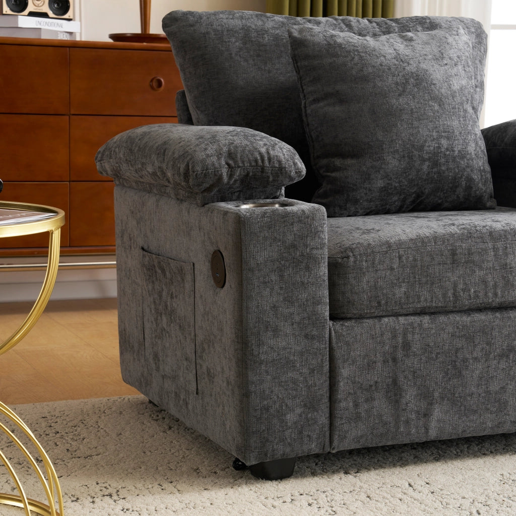 Fauteuil relax in ciniglia con portabicchieri, USB e tasche laterali, supporto ergonomico, grigio scuro
