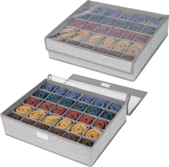 Set di 2 contenitori di archiviazione, 30 celle cassetti organizzatore di archiviazione con coperchi, organizzatore di cassetti pieghevole per calze, cravatte e altri accessori