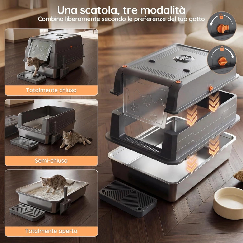 Lettiera Per Gatti In Acciaio Inox, Lettiera Gatto Acciaio Inox XXXL Smontabile Chiusa, Antifuga Liquidi, Vassoio Antiaderente, Facile Pulizia, Con Deodorante E Paletta. Per Gatti Fino A 20 Kg