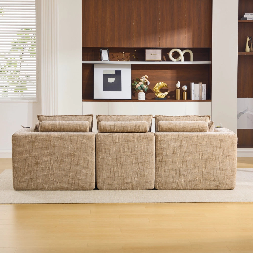 Divano modulare 3 posti con tasche laterali e cuscini, in chenille khaki e nucleo a molle, 256 × 161 × 75 cm