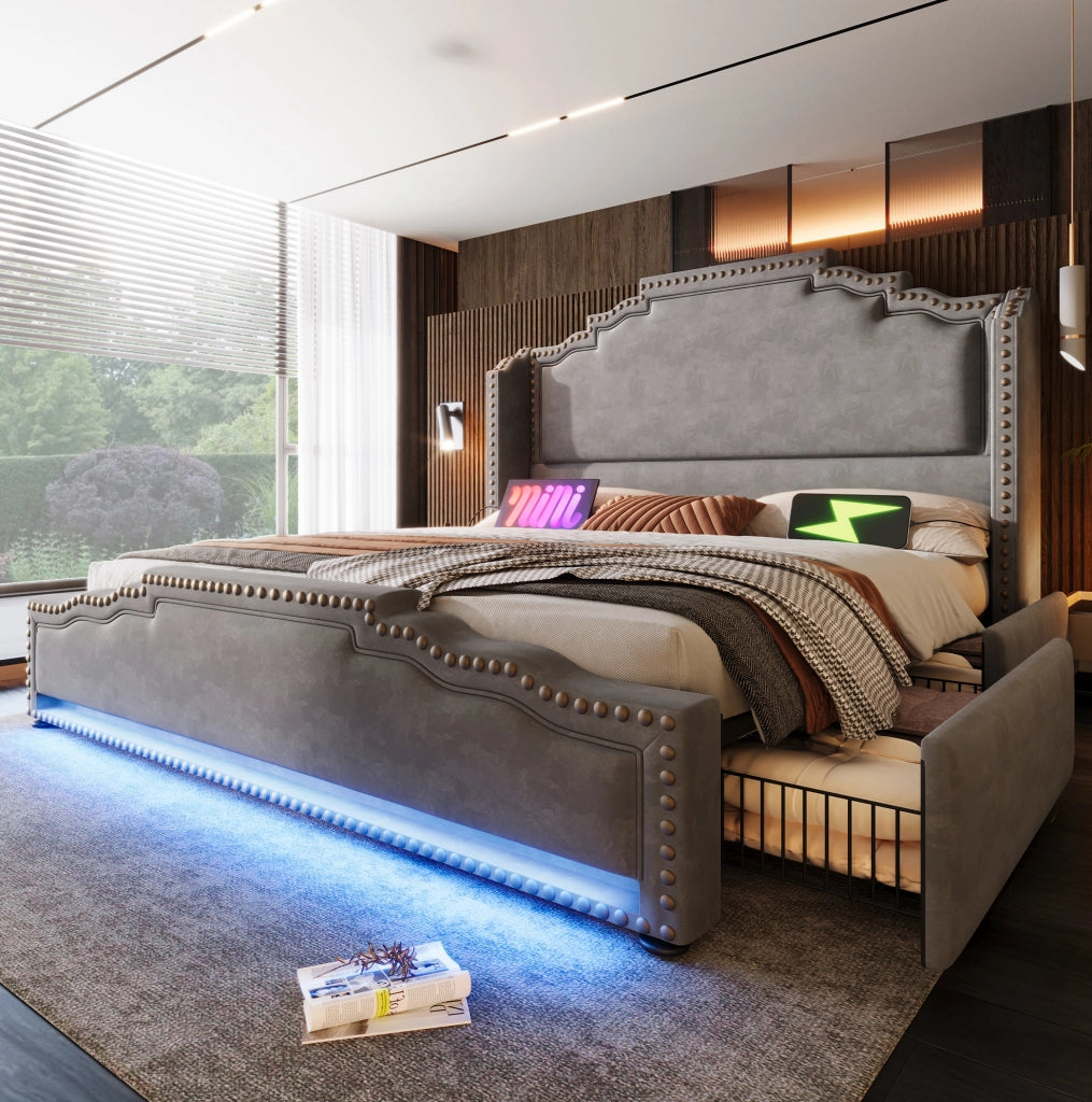Letto imbottito 140x200 cm in velluto grigio con LED e cassetti