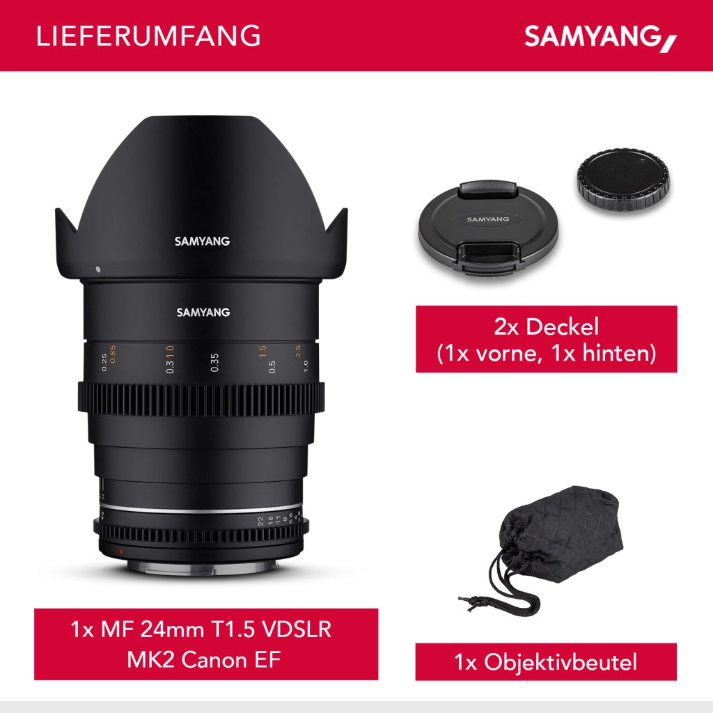 Obiettivo grandangolare per cinema e video MF 24mm T1,5 VDSLR MK2 – luminosità T1,5 per Canon EF Mount, Lunghezza focale fissa, full-frame e APS-C, risoluzione 8K