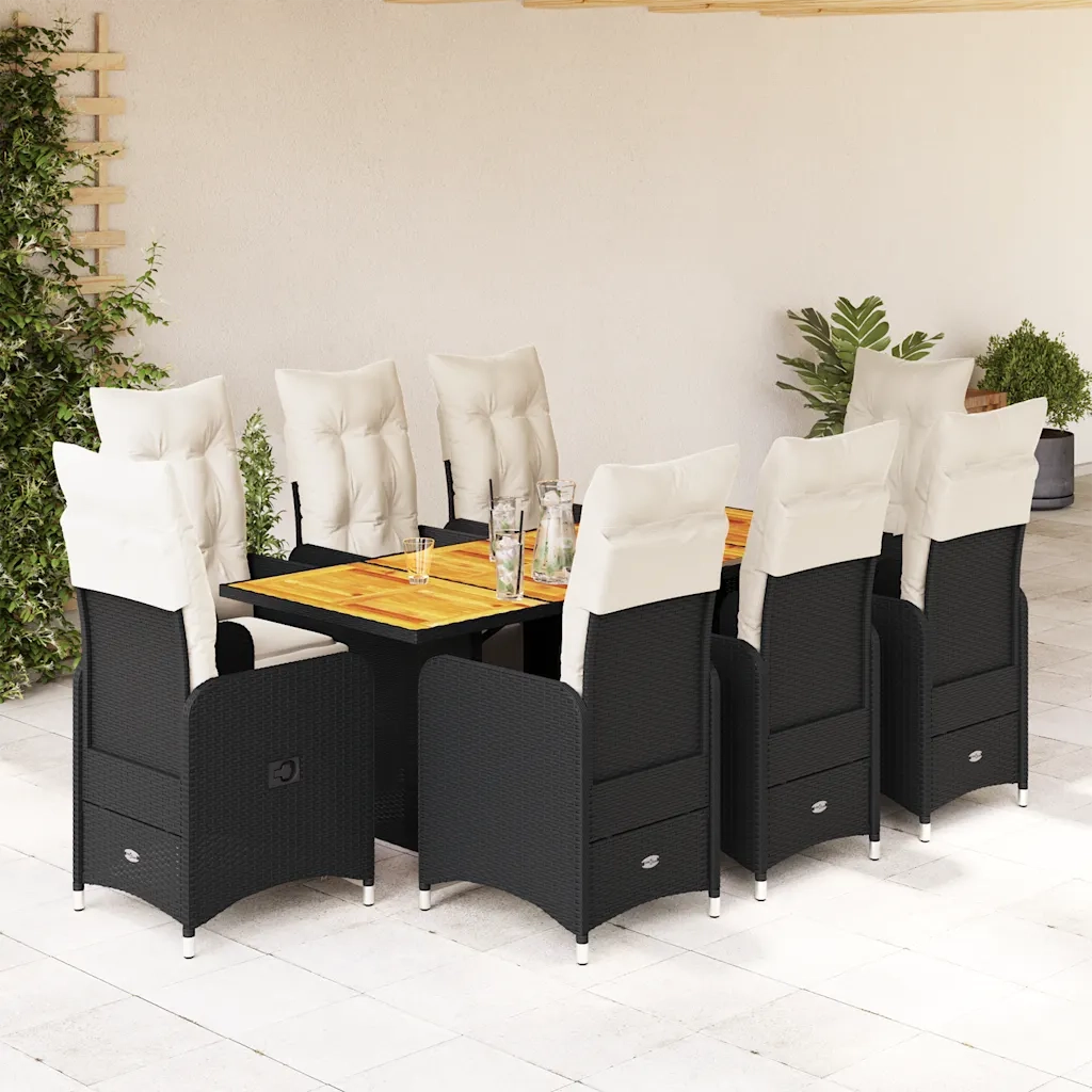 vidaXL Set Bistrò da Giardino 9 pz con Cuscini in Polyrattan Nero